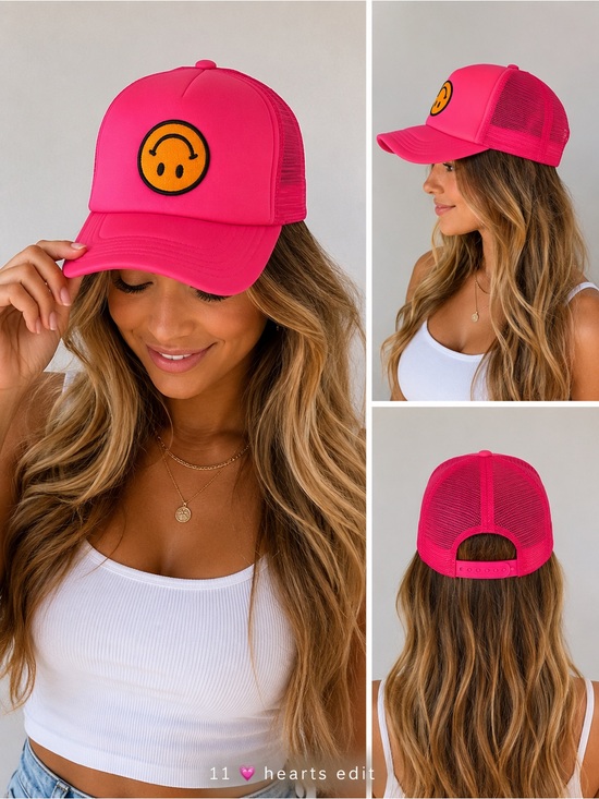 Accessories - Fuchsia Barbie Pink Upside Down Smiley Face Foam Trucker Hat Snapback NWT